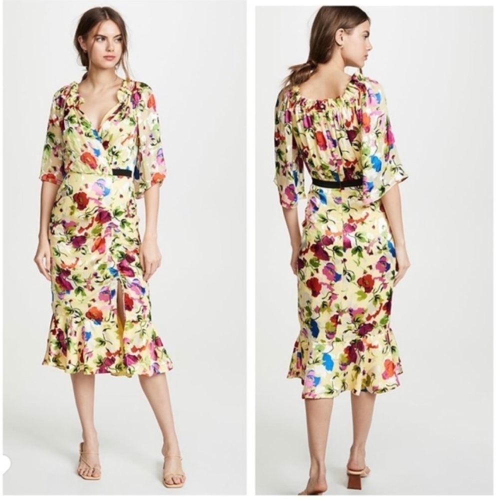 Saloni Yellow Multi Floral Print V-Neck Olivia B Ruffled Wrap Midi Dress Size 0